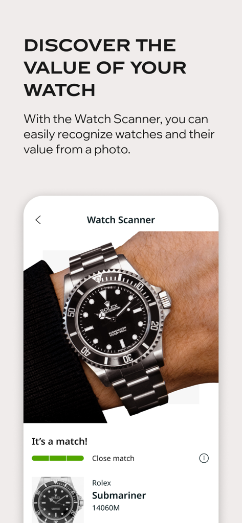 Chrono24 app Watch Scanner feature identifying a Rolex Submariner watch from a photo