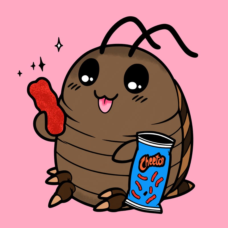cute cockroach holding a cheeto in a anime style