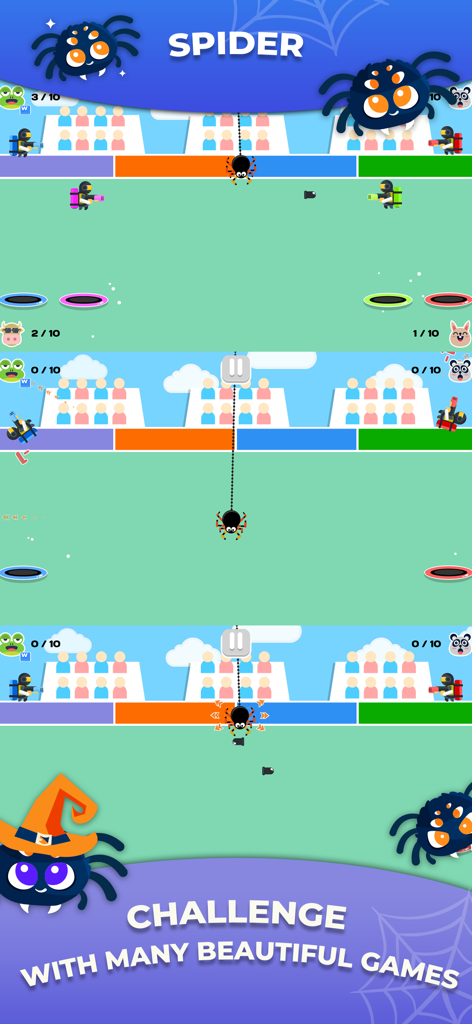 Multiplayer Games 2 Players ++ - Una captura de pantalla vertical que muestra tres paneles de un minijuego con temática de araña donde los jugadores compiten en un diseño de pantalla dividida.