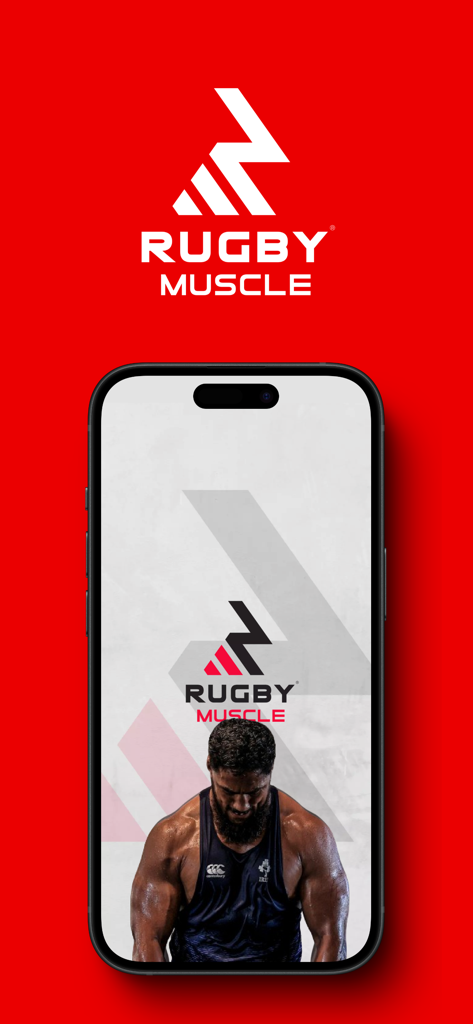 Rugby Muscle Training App - Rugby Muscle Training App splash screen with a muscular rugby player and official logo