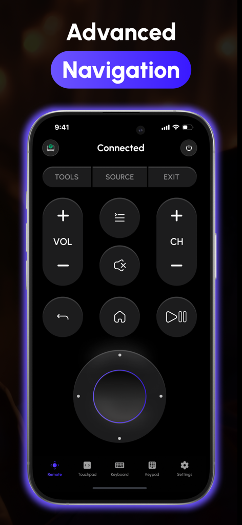 Universal TV Remote Control ‎ - Interfaz de navegación avanzada en un smartphone para la aplicación Control Remoto Universal de TV mostrando controles de volumen, canal y direccionales.