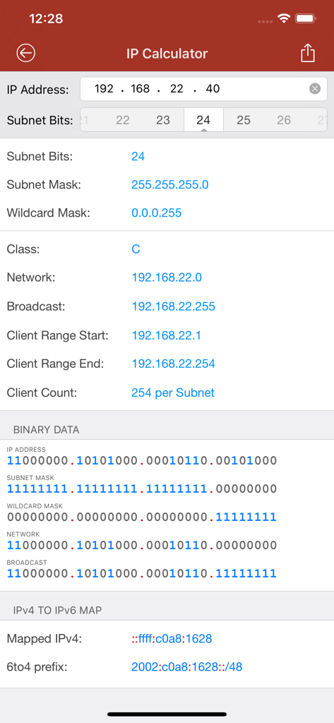 Network Utilities & Analyzer - IP calculator tool showing subnet mask network details and binary data for an IPv4 address