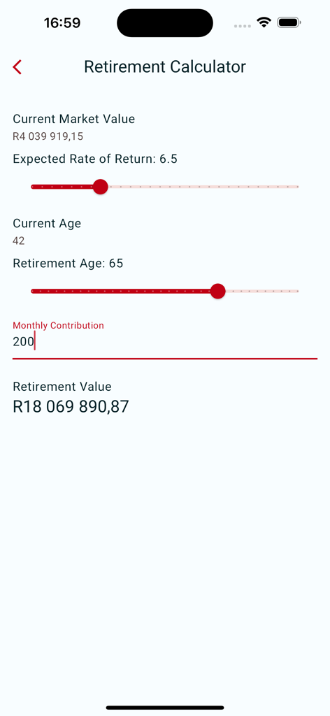 MRA Mobile - Pantalla de calculadora de jubilación dentro de la aplicación MRA Mobile que muestra los ahorros proyectados y las entradas de contribución