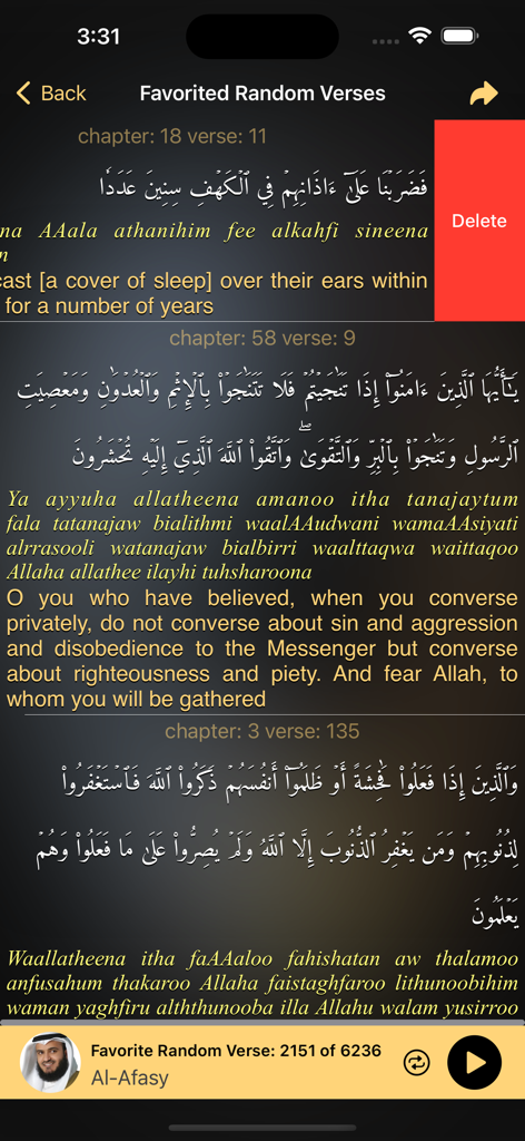 Random Quran Verse - Oberfläche der Random Quran Verse App, die eine Sammlung von Favoritenversen mit Audiowiedergabeoptionen anzeigt