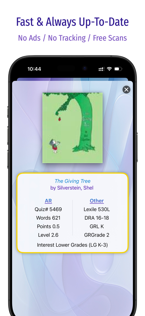 QuickScan Book Leveler - QuickScan Book Leveler app interface showing AR and Lexile metrics for The Giving Tree