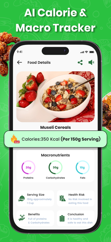 Interfaz de la aplicación AI Meal Planner que muestra el desglose de calorías y macronutrientes para un tazón de cereal