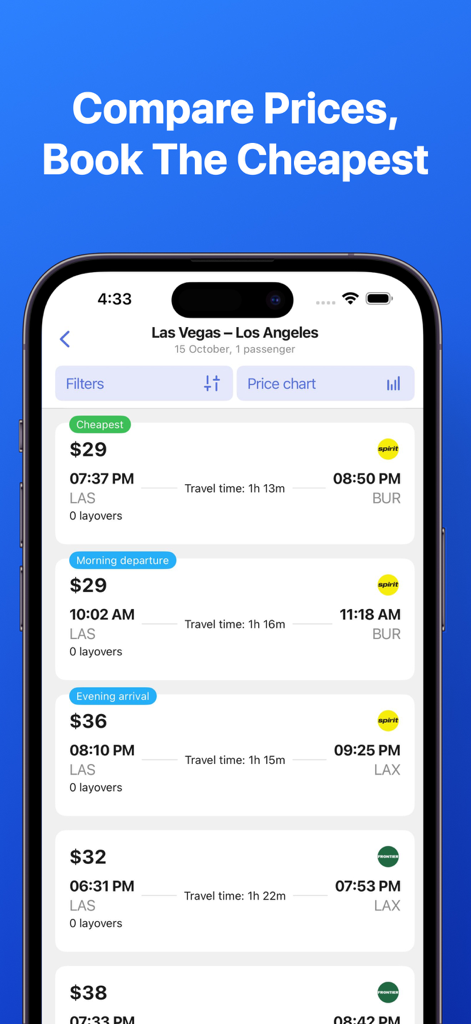 Interfaz de una aplicación móvil que muestra resultados de búsqueda de vuelos baratos entre Las Vegas y Los Ángeles con varias opciones de precios.