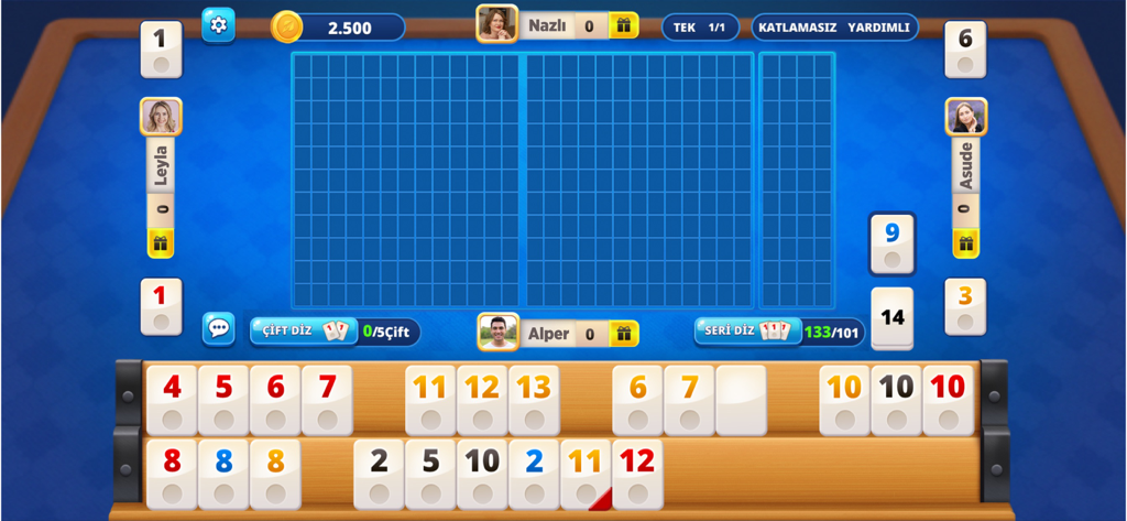 101 Okey Online HD Yüzbir - A gameplay screen of 101 Okey Online HD showing tile racks and the game board with player avatars