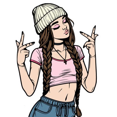 realistic teenage girl with braids and a beanie and crop top doing 🫶🏼