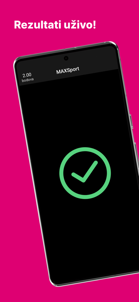 MAXSport Kviz - A mobile phone screen from the MAXSport Kviz app displaying a green checkmark for a correct answer and live points score.