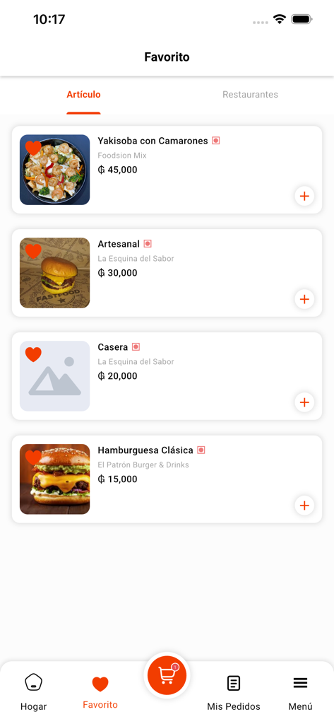 Aguara Deliveryアプリのインターフェース。ハンバーガーや焼きそばなどの好きな食品のリストを表示します。