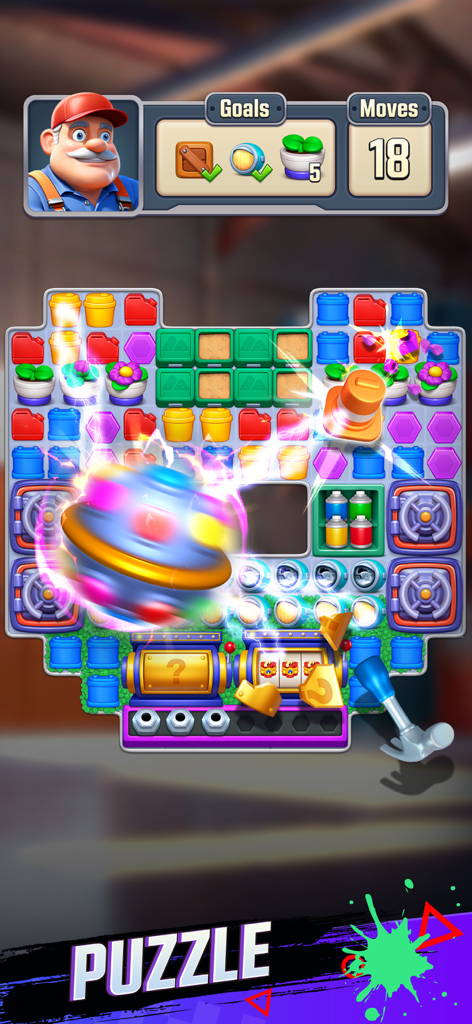 Royal Car Customs - Match 3 puzzle level in Royal Car Customs with car themed icons and a mechanic character