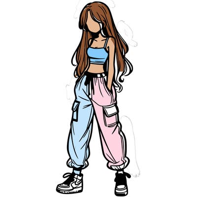 girl in baggy pants crop top and long hair