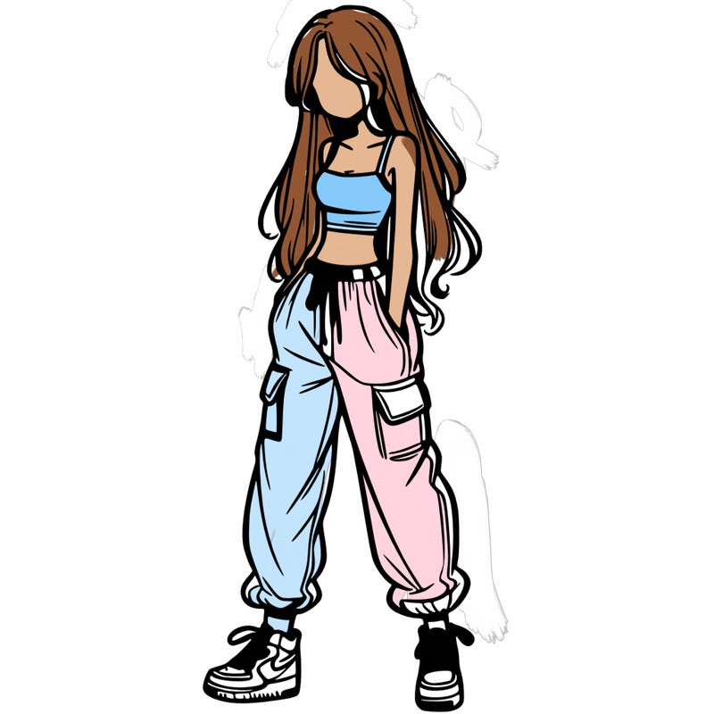 girl in baggy pants crop top and long hair