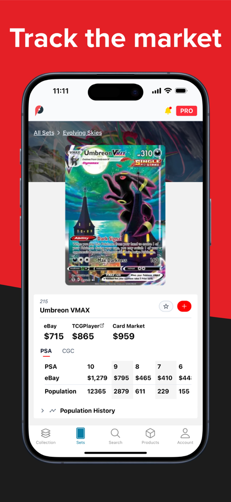 A smartphone displaying market prices and PSA grading population data for an Umbreon VMAX Pokémon card on the pokedata app.