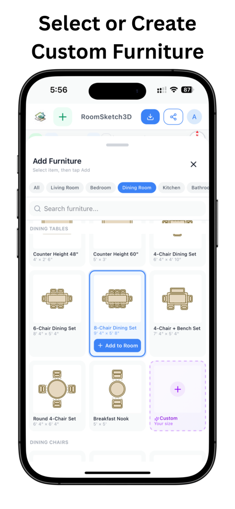 RoomSketch3D FloorPlanner - Interfaz de RoomSketch3D que muestra una selección de juegos de muebles para el comedor y una opción de tamaño personalizado