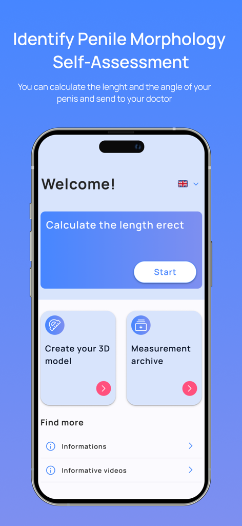 Check Him - Check Him app home screen with options to calculate length create a 3D model and access the measurement archive