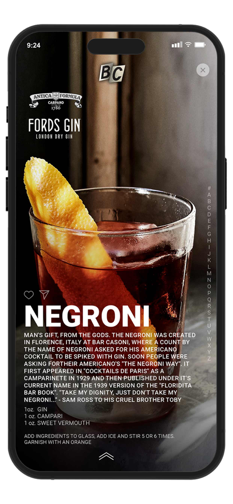 Bartender's Choice Vol.3 - A detailed Negroni cocktail recipe screen on the Bartender's Choice Vol.3 mobile app featuring history, ingredients, and instructions.