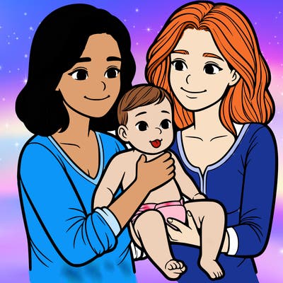 two realistic women holding one baby together