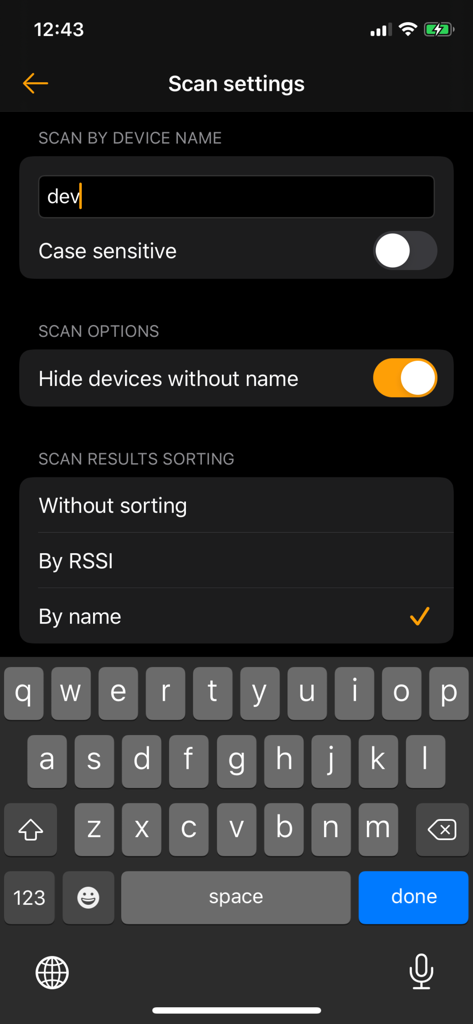 BLE Terminal - bluetooth tools - Interfaz de configuración de escaneo de Bluetooth que muestra opciones de filtrado y ordenación de nombres de dispositivos por RSSI y nombre