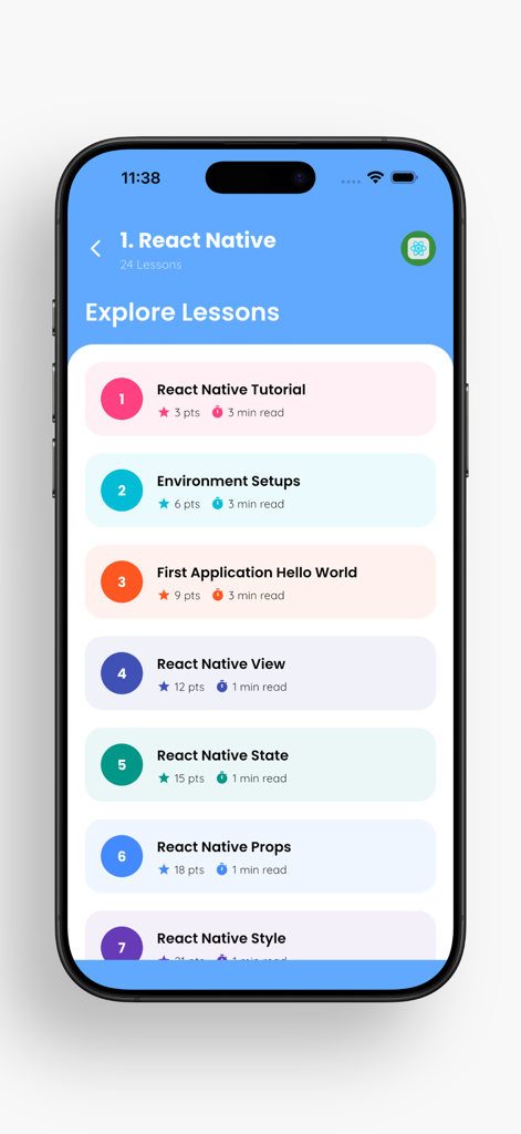 Learn React Native PRO - Interface showing a series of React Native lessons with titles and estimated reading times