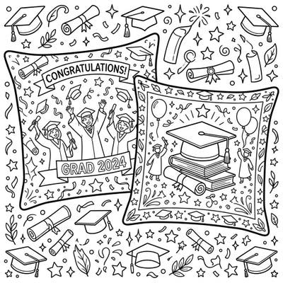 Celebrate the monumental achievement of graduation with this delightful coloring page featuring two festive pillowcases. Adorned with caps, diplomas, and cheerful graduates, it's a perfect tribute to success.