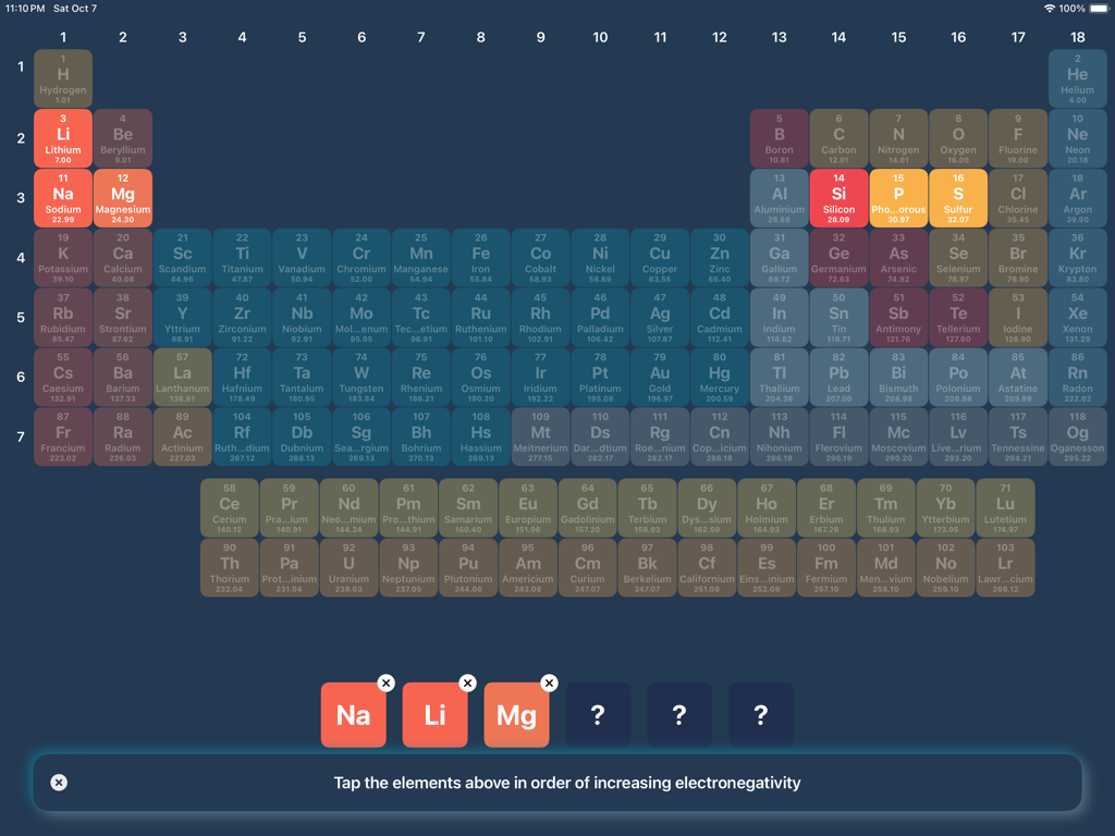 Chemistry Table: Learn+Explore - Una tabla periódica de química interactiva que presenta un quiz de electronegatividad para estudiantes.