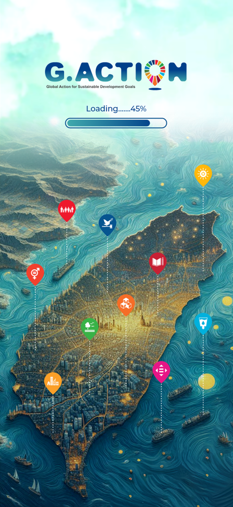 G.Action - Pantalla de carga de la aplicación G.Action con un mapa estilizado e íconos de los Objetivos de Desarrollo Sostenible.
