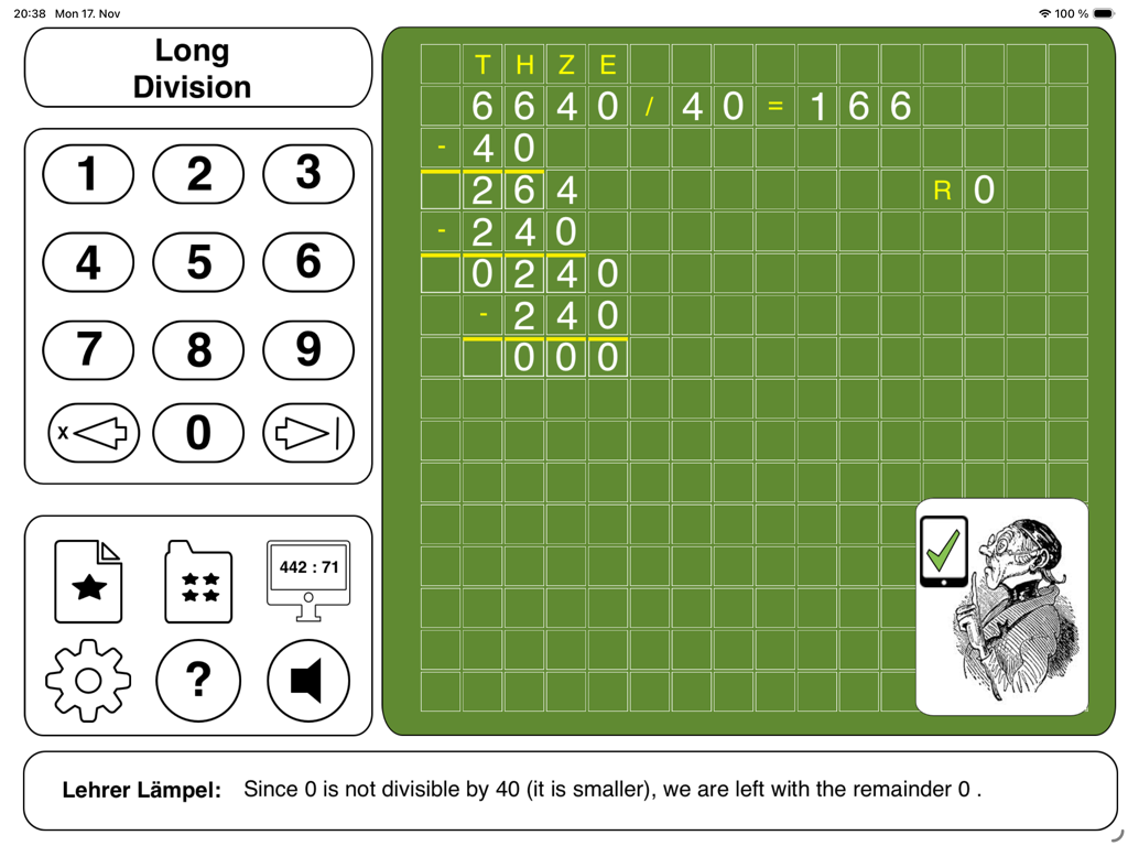 Captura de pantalla de iPad de la aplicación Lehrer Laempel Division que muestra un cálculo de división larga paso a paso en una cuadrícula verde.