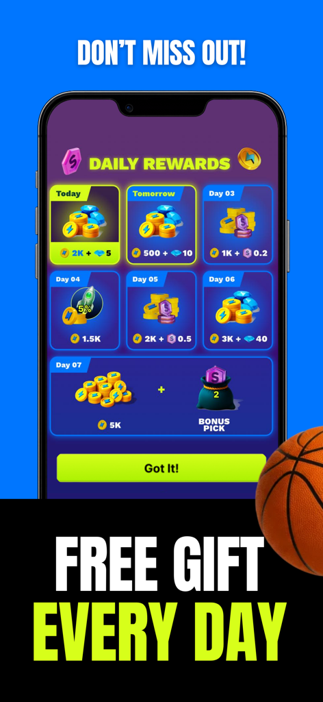A smartphone displaying the daily rewards calendar in the Thrillzz social sportsbook app featuring free coins and bonus picks.