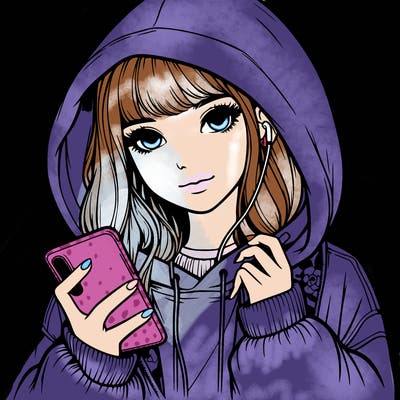 realistic girl with oversized hood and holding a phone