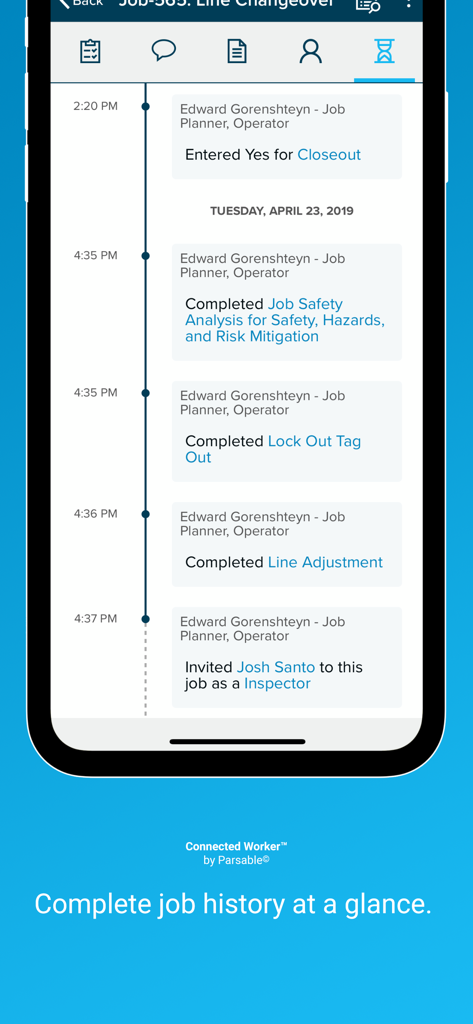 Parsable - A mobile app interface displaying a chronological timeline of completed industrial tasks, safety audits, and job history.