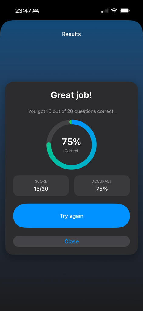 Maritime Master - Nav Lights - Pantalla de resultados del cuestionario en la aplicación Maritime Master que muestra una puntuación del setenta y cinco por ciento.