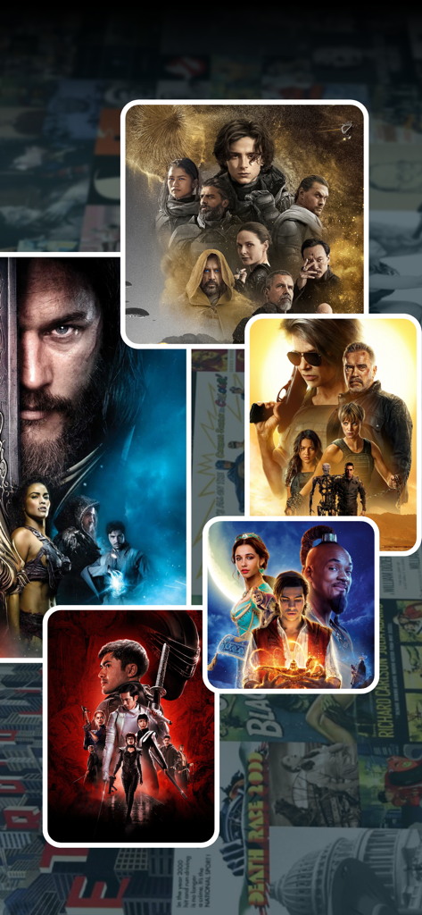 A collage of high-definition movie posters including Dune and Aladdin within the Shows HD TV Apps interface