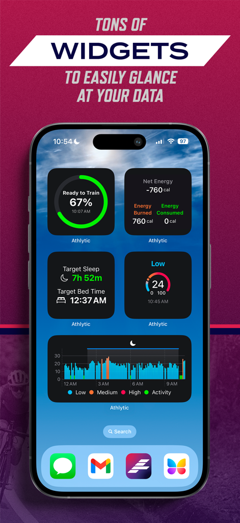 Athlytic: AI Fitness Coach - 회복 점수, 수면 목표 및 에너지 지표를 포함한 여러 Athlytic 피트니스 위젯을 표시하는 iPhone 홈 화면.