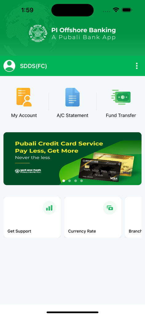 PI Offshore Banking - Main dashboard of the PI Offshore Banking app showing account management fund transfer and currency rate features