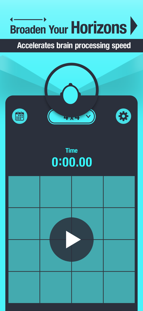 Peripheral Vision Trainer - Interfaz de Entrenador de Visión Periférica mostrando una cuadrícula de 4x4 y texto de entrenamiento de velocidad de procesamiento cerebral