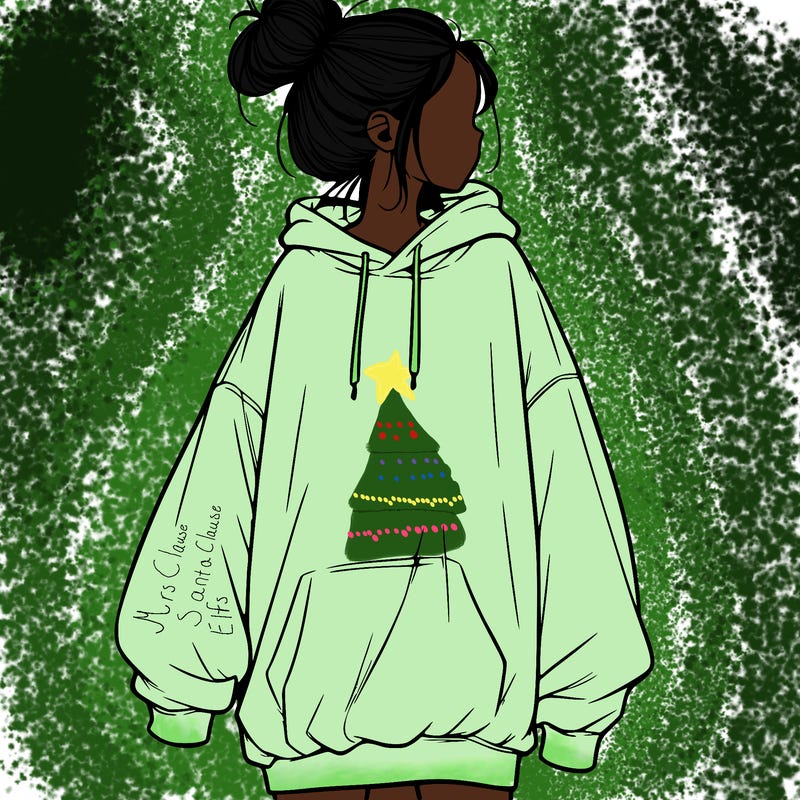 realistic girl with a oversized sweatshirt on and a bun