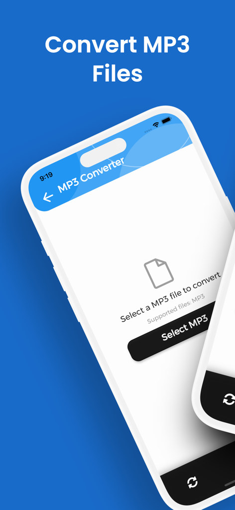 Smartphone screen showing the MP3 Converter app interface with a button to select an MP3 file to convert