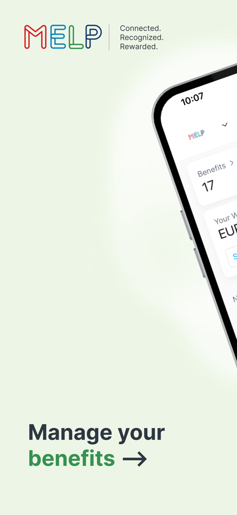 MELP.com - Smartphone displaying the MELP app screen for employee benefits management