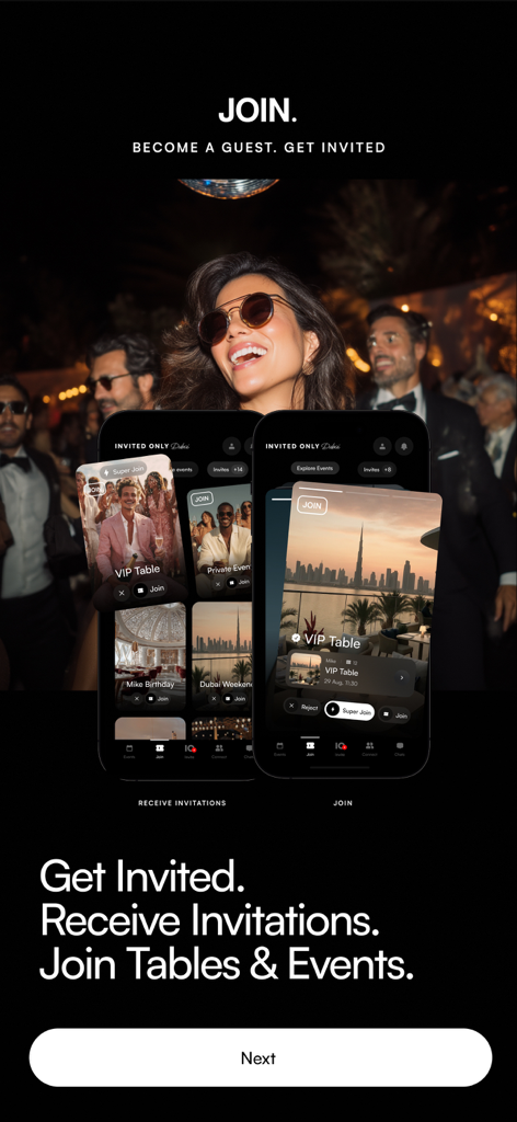 Invited Only app screen showcasing how to join VIP tables and exclusive social events