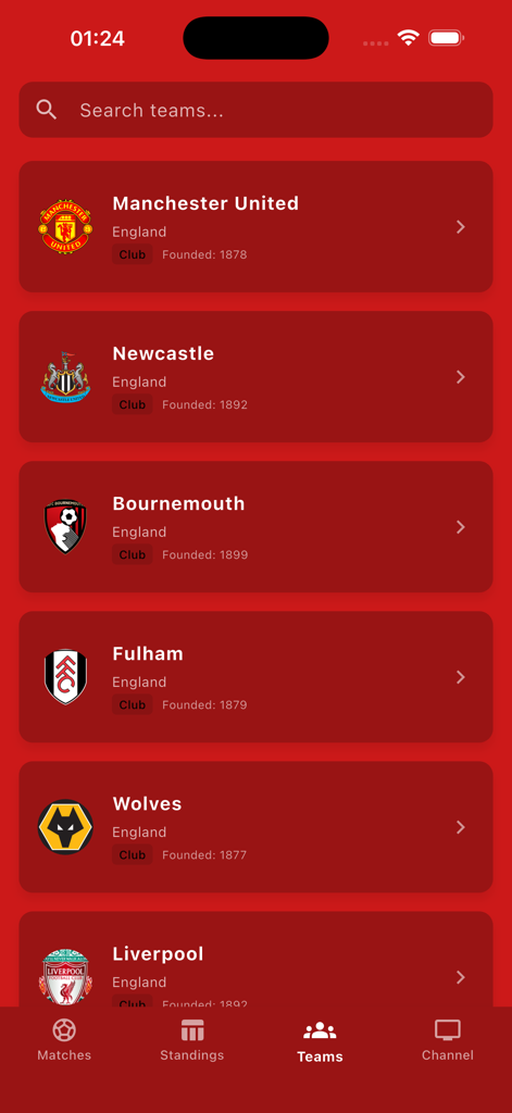 Yacine TV - بث للمباريات - Une liste de clubs de football anglais comprenant Manchester United et Liverpool sur l'écran des équipes de l'application Yacine TV