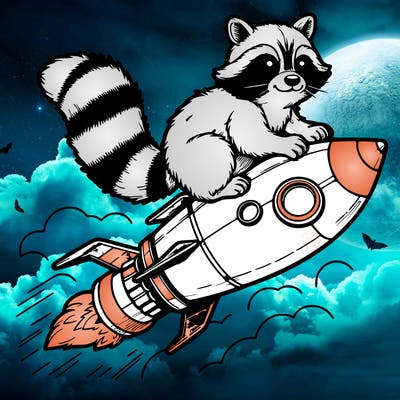 realistic raccoon flying on top rocket ship
