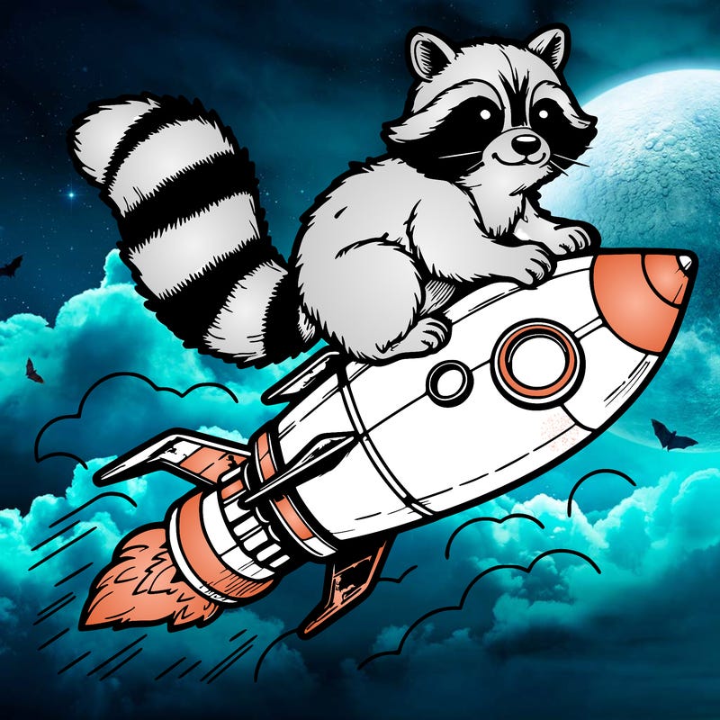 realistic raccoon flying on top rocket ship