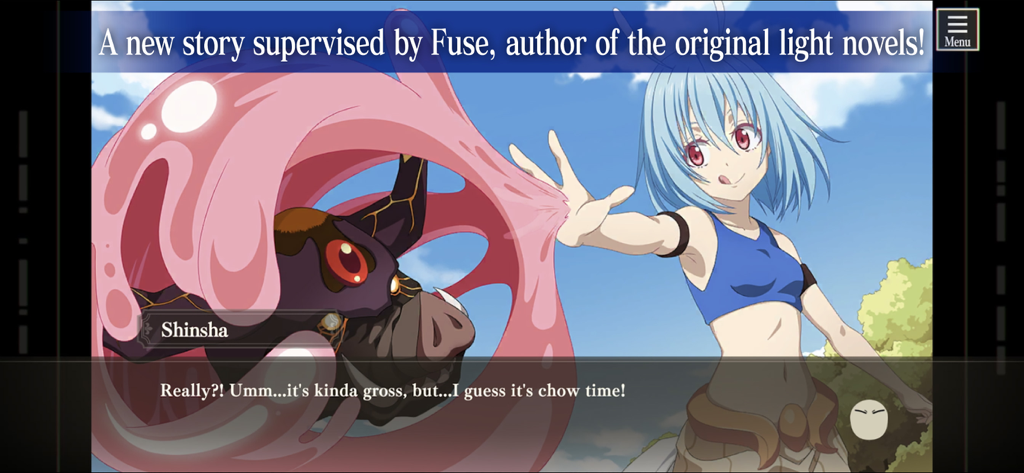 SLIME - ISEKAI Memories - Una escena de corte de historia del juego SLIME ISEKAI Memories con el personaje Shinsha y un monstruo jabalí.