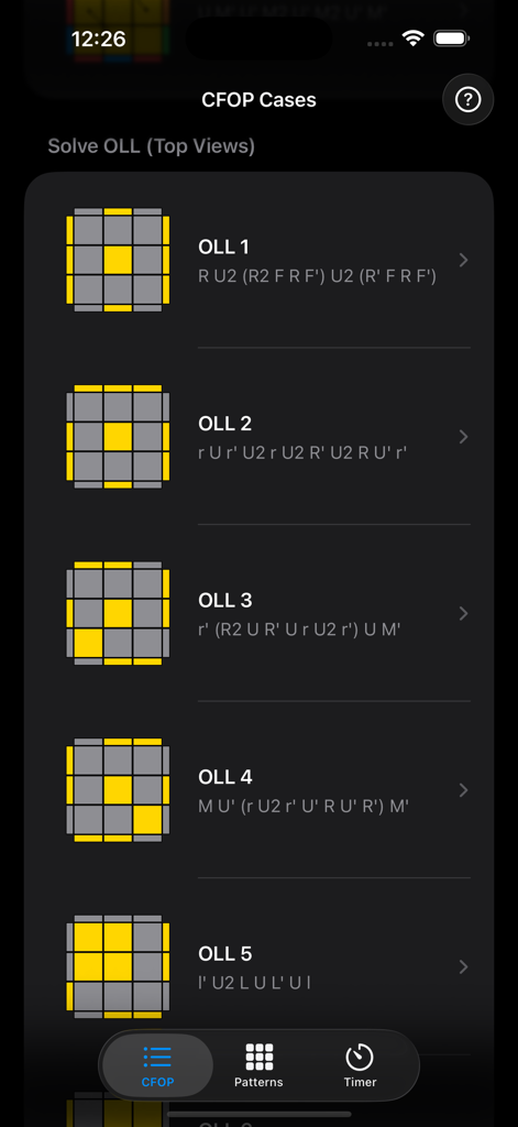 CFOP Learning - CFOP Learning app screen showing a list of OLL algorithms and cube diagrams.