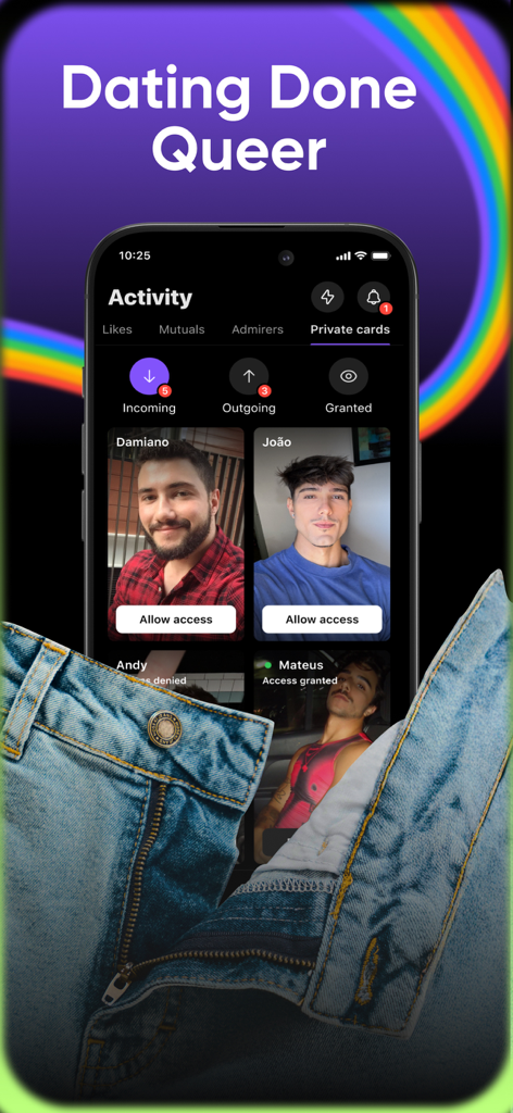 Taimi app activity screen featuring private cards for queer dating with user profiles and access controls.