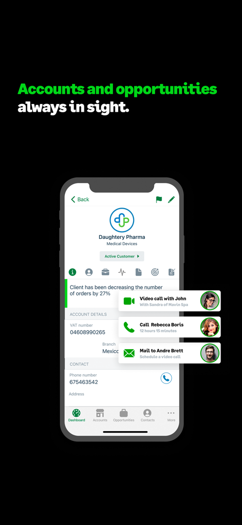 Sage Sales Management mobile app displaying client account information and communication logs for field sales reps