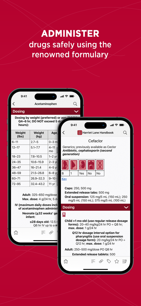 Harriet Lane Handbook - Two mobile screens displaying pediatric drug dosing tables and weight-based calculations from the Harriet Lane Handbook.