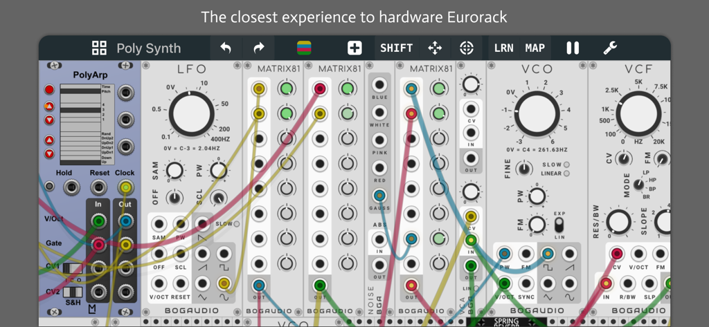 A complex modular synthesizer patch in miRack with virtual cables connecting various modules.